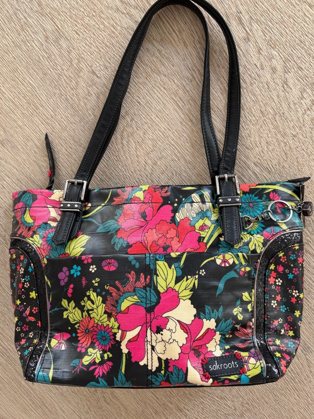 Sakroots Black Floral Shoulder Bag Satchel Tote Bright Floral Pink Teal Purple